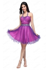 A Line Halter Top Beading and Ruching Knee Length Purple Prom Dress