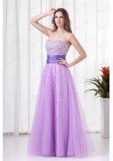 Lovely A Line Strapless Tulle Lilac Beading Prom Dress with Lace Up
