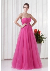 A Line Tulle Sweetheart Hot Pink Ruching Long Prom Dress