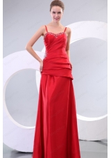Inexpensive Column Straps Beading and Ruching Bridesmaid Dress in Red