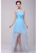 Light Blue One Shoulder High Low Beaded Decorate Bridesmaid Dresses