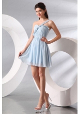 Cute Light Blue One Shoulder Ruching Mini Length Bridesmaid Dresses
