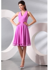 Lilac Halter Top Ruching Knee Length Chiffon Bridesmaid Dress