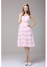 Cute Princess Baby Pink V Neck Ruffled Layers Ruching Bridesmaid Dress