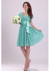Apple Green V Neck Chiffon Bridesmaid Dress with Short Sleeves