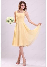 Simple Yellow A Line Straps Tea Length Bridesmaid Dress