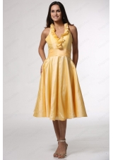 Simple Halter Top Ruffles Yellow Bridesmaid Dress with Tea Length
