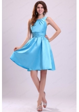 A Line Straps Short Aqua Blue Bridesmaid Dress with Ruching