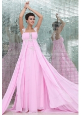 Empire Straps Rose Pink Appliques and Ruching Chiffon Bridesmaid Dress