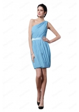 Column Light Blue One Shoulder Ruching Belt Mini Length Bridesmaid Dress