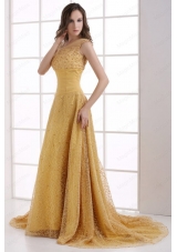 A Line Lace One Shoulder Ruching Court Train Gold Bridesmaid Dress