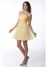 A Line Light Yellow Strapless Bridesmaid Dress with Ruching Mini Length