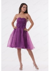 A Line Purple Strapless Appliques Organza Knee Length Bridesmaid Dresses