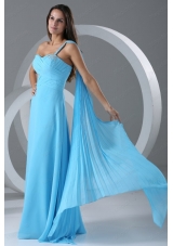 Watteau Train Aqua Blue Empire One Shoulder Bridesmaid Dress with Beading