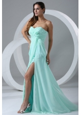 Aqua Blue High Slit Sexy Bridesmaid Dress with Flowers and Ruching
