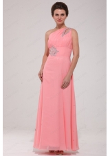 Pink Red One Shoulder Bridesmaid Dress with Beading