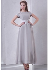 Ankle Length Grey Empire Scoop Bridesmaid Dress with Short Sleeves