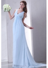 Cheap Empire V Neck Light Blue Bridesmaid Dress with Ruching