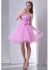 Sweetheart Rose Pink Organza Mini Length Bridesmaid Dress with Appliques