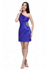One Shoulder Column Beaded Decorate  Bridesmaid Dresses in Blue