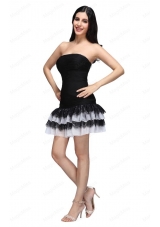 Column Black Strapless Ruching Ruffled Layers Min Length Bridesmaid Dress