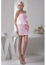 Column Baby Pink Hand Made Flower Mini Length Bridesmaid Dress