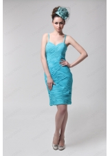 Blue Straps Column Side Zippe Knee Length Ruching Bridesmaid Dress