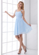 Simple Empire Straps Knee Length Chiffon Baby Blue Bridesmaid Dress