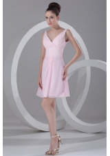 Pink A Line V Neck Mini Length Ruching Chiffon Bridesmaid Dress