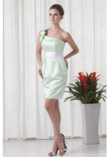 Apple Green Column One Shoulder Taffeta Mini Length Ruching Bridesmaid Dresses