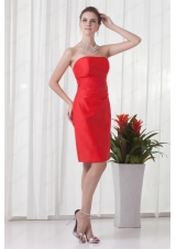 Column Strapless Mini Length Red Ruching Taffeta Bridesmaid Dress
