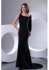 Modest Asymmetrical Black Column Mother of the Bride Dresses with Long Sleeves