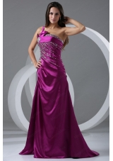 Brush Train Purple A Line One Shoulder Mother of the Bride Dresses with Beading