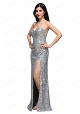 Column Sweetheart Silver Sequins High Slit Mother of the Bride Dresses