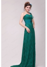 Informal Column One Shoulder Floor Length Lace Green Prom Dresses