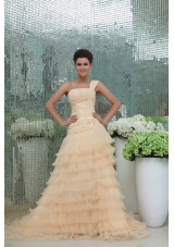 Elegant Princess One Shoulder Champagne Appliques and Ruching Prom Dress