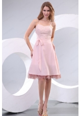 Straps Baby Pink Empire Knee Length Prom Dress with Beading and Bowknot
