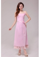 Strapless Baby Pink Hand Made Flowers Tea Length Prom Dress