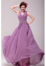 Beaded Decorate Waist V Neck Chiffon Lilac Prom Dress for Girls