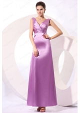 Lavender V Neck Ruching Ankle Length Prom Dress