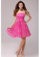 A Line Hot Pink Strapless Knee Length Prom Dress