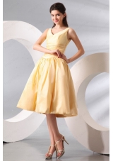 A Line Light Yellow V Neck Knee Length Ruching Prom Dress