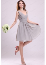 Empire Gray V Neck Ruching Chiffon Knee Length Prom Dress