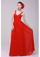 Cheap Straps Red Empire Prom Dress with Chiffon Floor Length