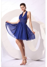 Royal Blue Halter Top Knee Length Prom Dress with Beading