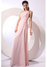 Baby Pink Empire One Shoulder Beaded Prom Dress with Ruching