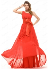 Empire Orange Red One Shoulder Ruching Chiffon Prom Dress