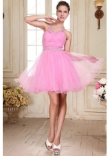 Rose Pink Halter Top Neck Mini Length Beading Prom Dress with Organza