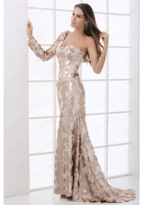 Champagne One Shoulder Lace Long Sleeves Prom Dress with Sequins