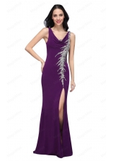 Column V Neck Purple Beading High Slit Chiffon Floor Length Prom Dress